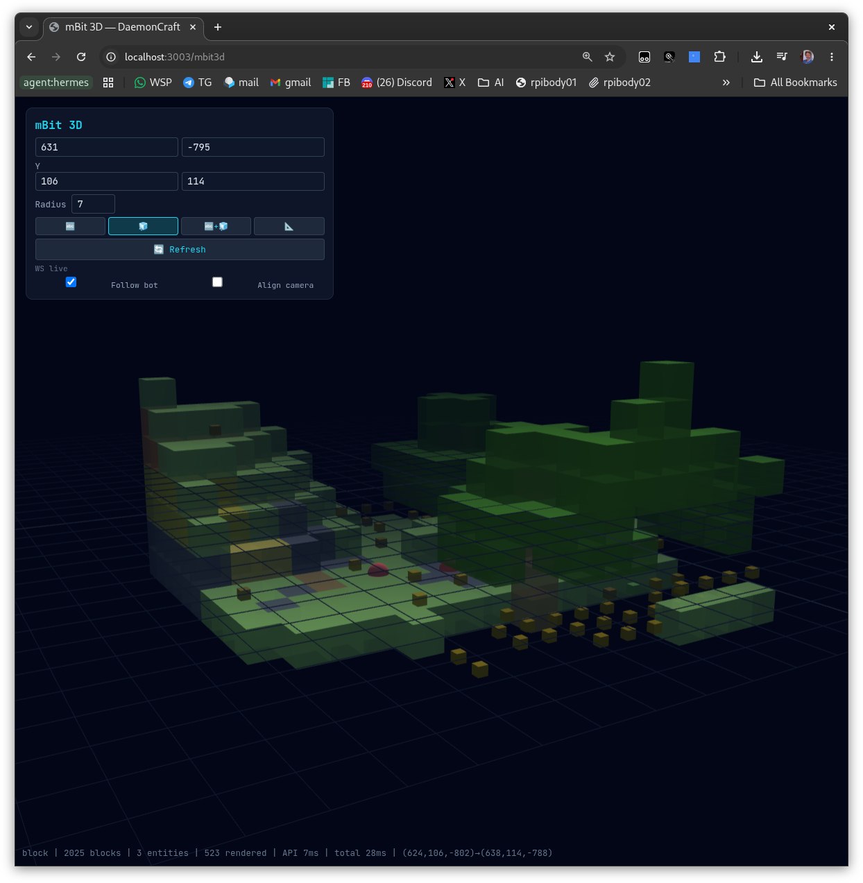 mBit 3D · block mode · Solid voxel view — what the player sees.