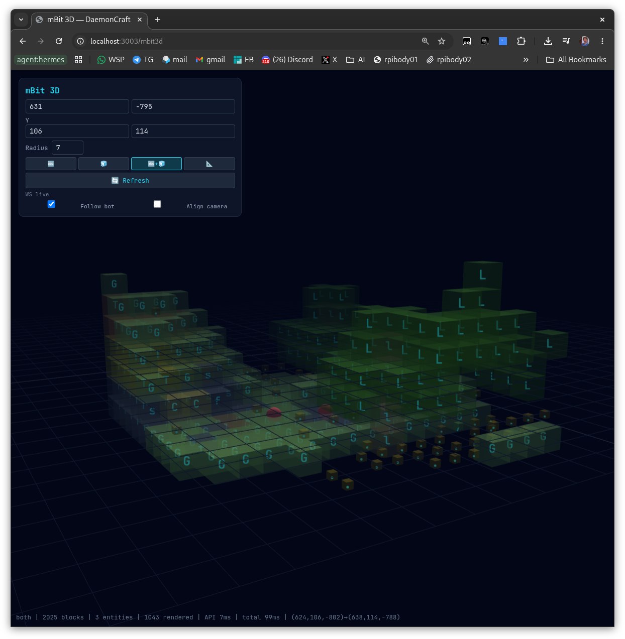 mBit 3D · both mode · Voxels + ASCII overlay — bridging the abstraction.