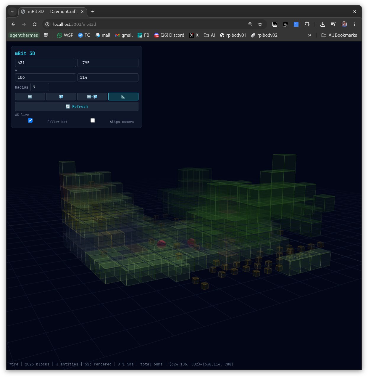 mBit 3D · wire mode · Wireframe — block geometry without textures.